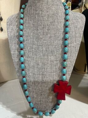 Turquoise Beaded Necklace with Red Cross Pendant - Women Jewelry